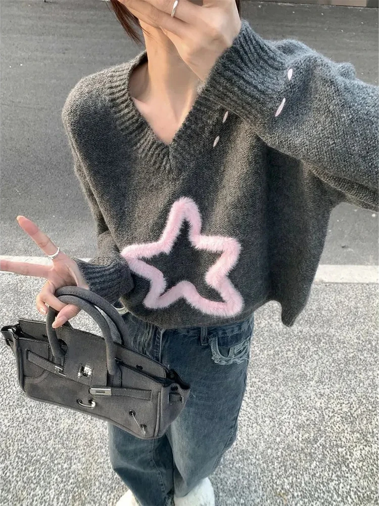 Streetwear Crop Knit Sweater Harajuku 3D Star Print Casual Women Pullovers American Vintage Hottie Long Sleeve V Neck Jumpers