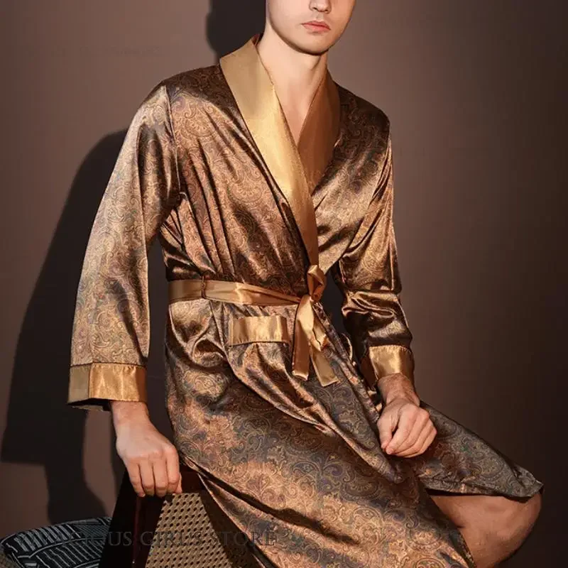 Men Robe Pajama Long Sleeve Kimono Bathrobe Gown with Pocket Luxury Print Male Sleepwear Home Clothes Loose Ice Silk Loungewear