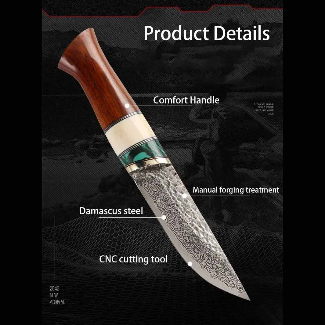 VG10 Damascus Fixed Blade Knife Sandalwood + Turquoise Handle Outdoor Self Defense Collection Knife Hunting Tools With Case