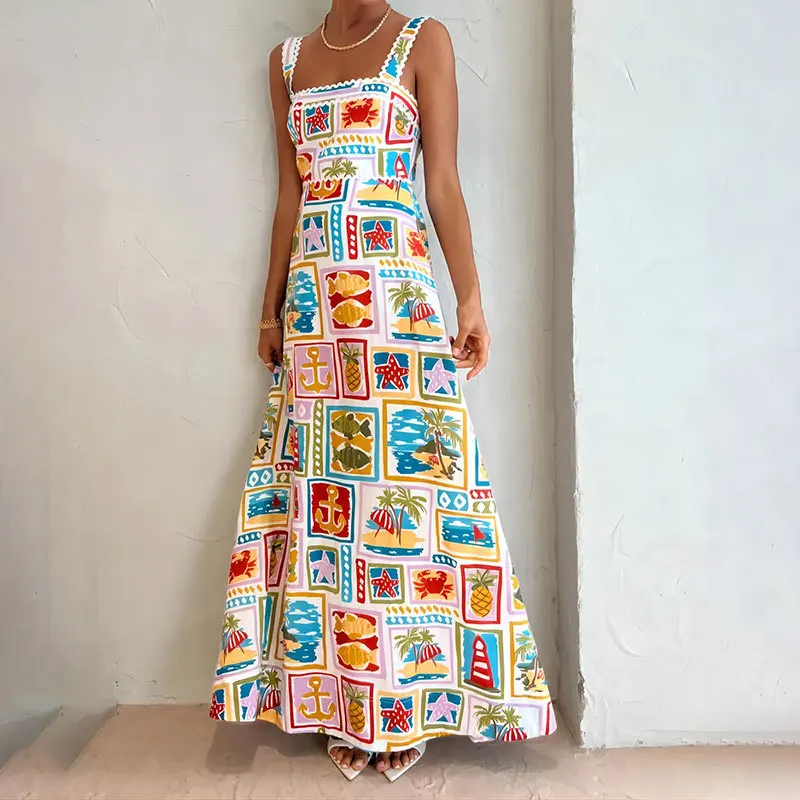 VEITCHE Obst Pflanzen Druck Urlaub Frauen Kleid Hohe Taille Schlank Ärmelloses A-linie Ausgesetzt Kleid Quadrat Kragen Sommer 2025, Robe