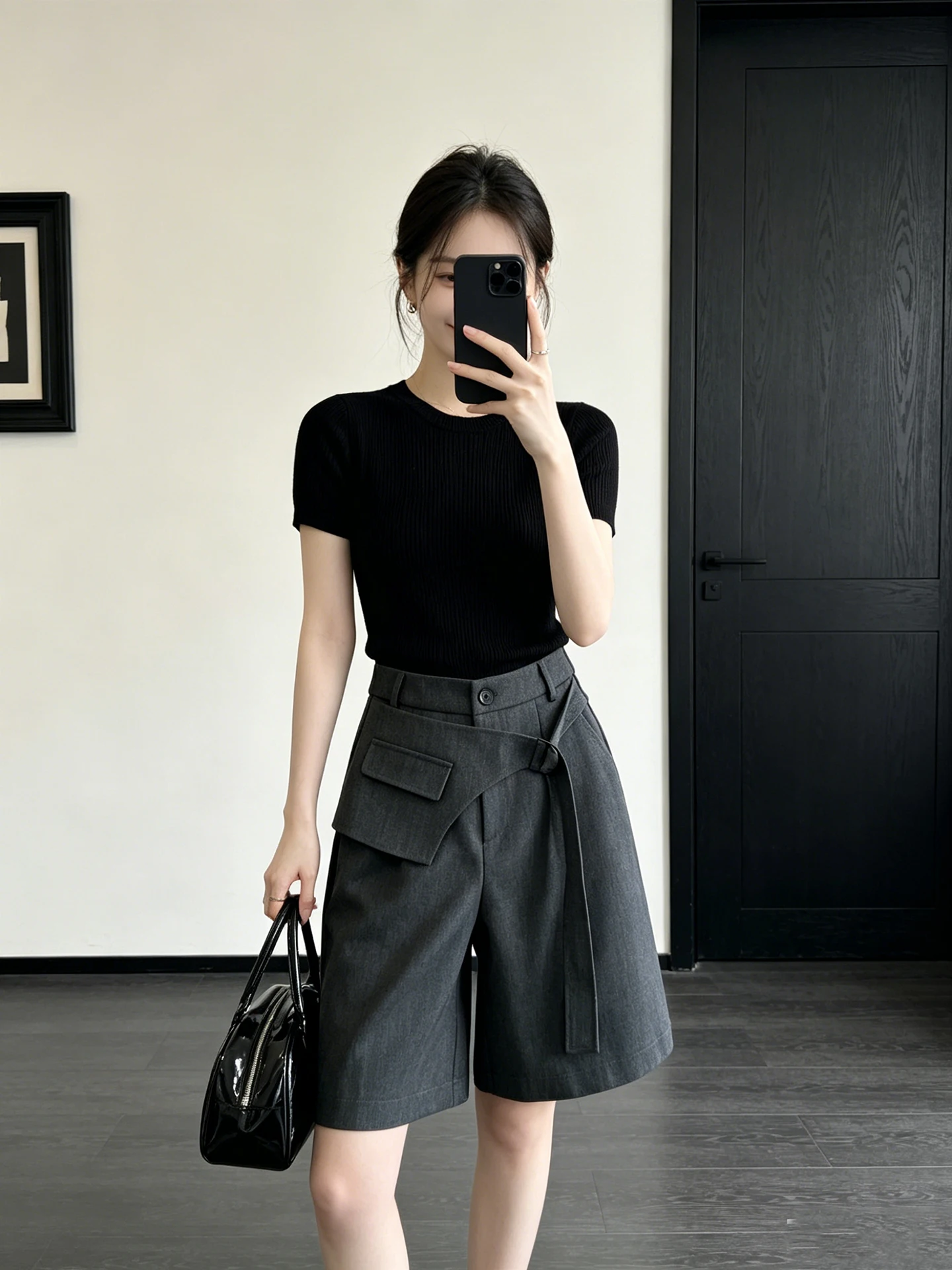 

Retro Grey Suit Pants Women's High Waist Short Trousers Korean Style Five-Point Belted Design Summer New Casual Straight Leg