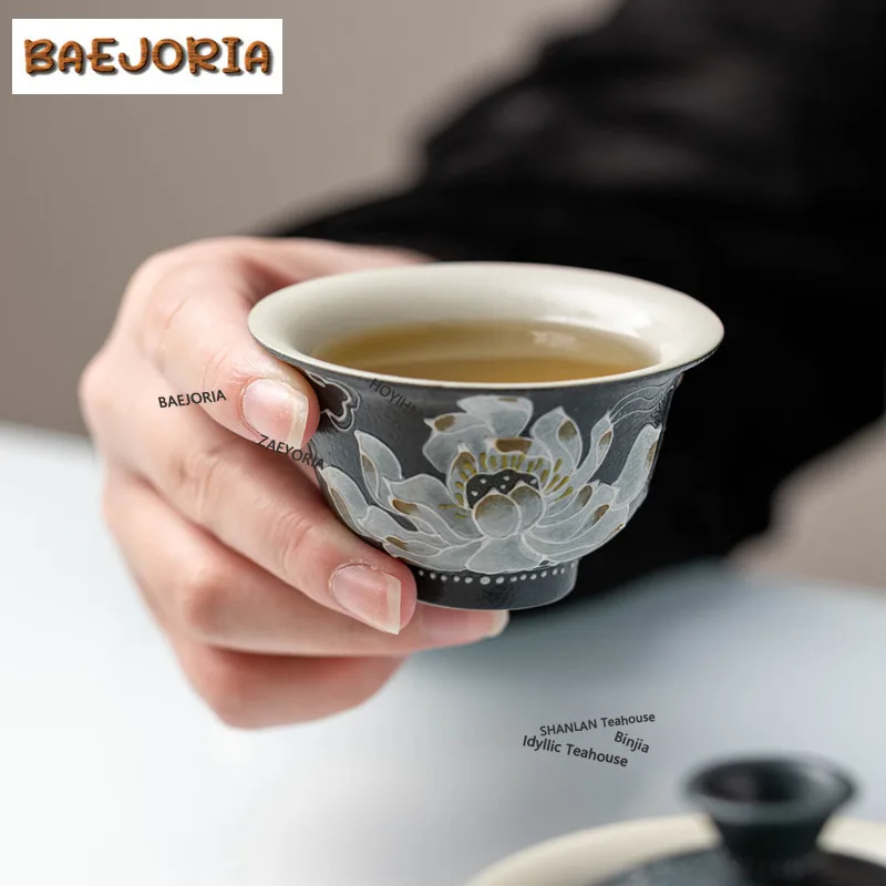 BAEJORIA 80ml Hand-painted Ink Lotus Teacup Handmade Tea Bowl Tea Pair Tea-tasting Smelling Cup Jianzhan Master Cups Teaset