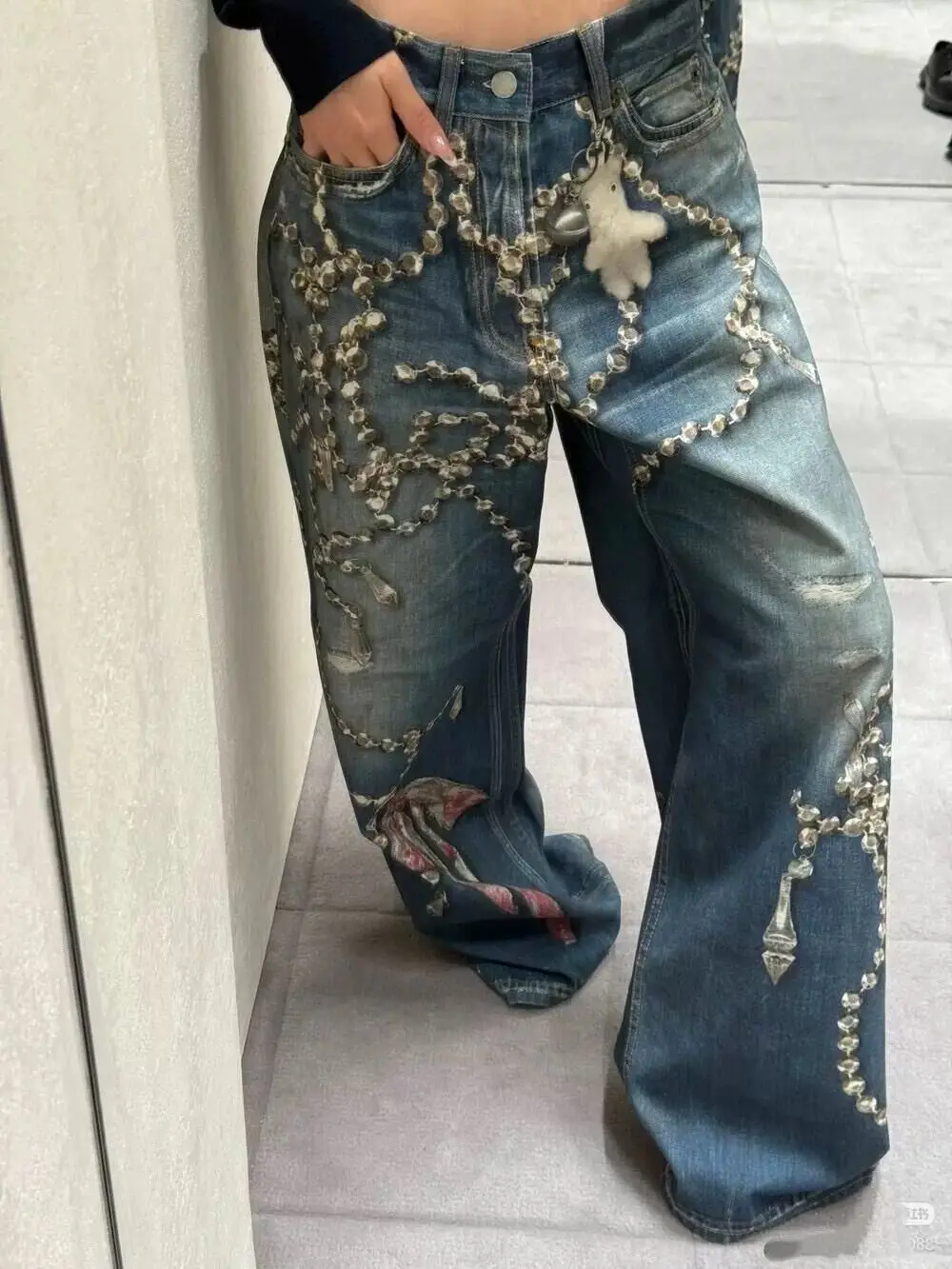 Y2K 3D Digital Print Crystal Chain Jeans Loose Straight Leg High End Cool Summer Pants for Women