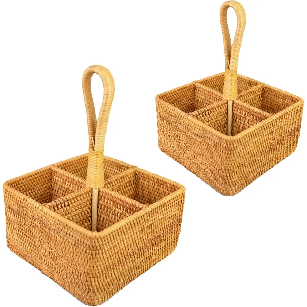 

4-Section Rattan Silverware Caddy with Handle, 7 Inch Woven Wicker Organizer for Kitchen and Picnic