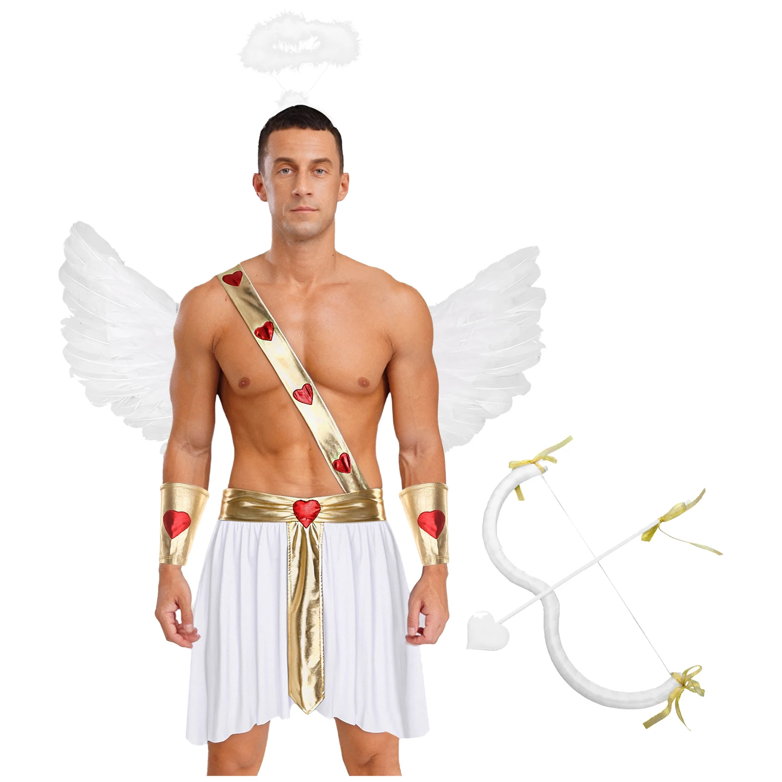 

Men Halloween Party Ancient Greece Cupid Prince Cosplay Heart Pattern Skirt with Sleeves And Wings Angel Headwear Bow And Arrow