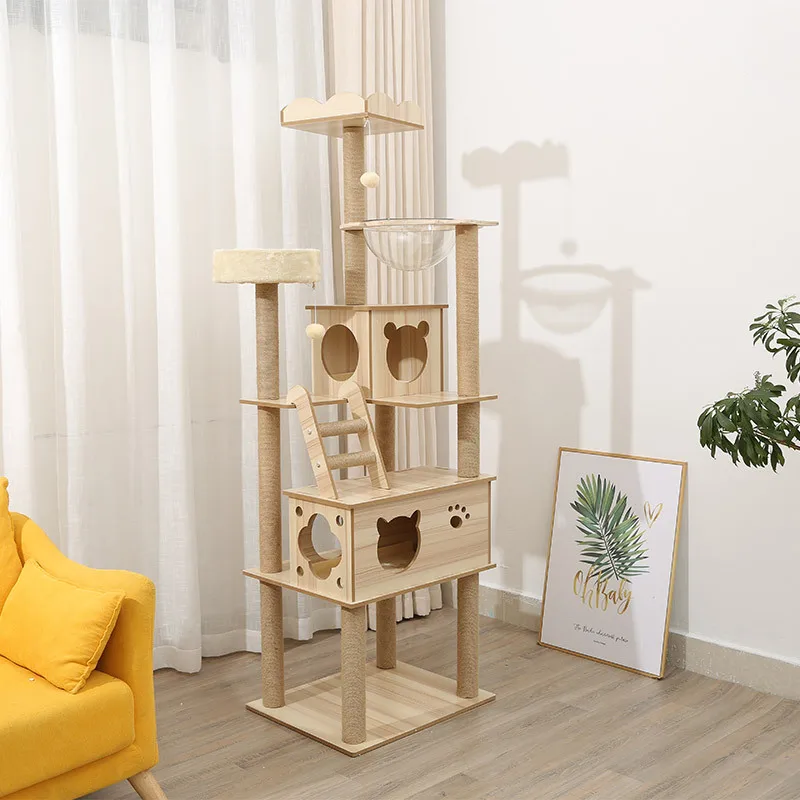 Cat Tree House Condos Multi-layer Wooden Cat Tower With Sisal Rope Cat Scratching Posts Plush Cat Climbing Frame Cloth Hammock