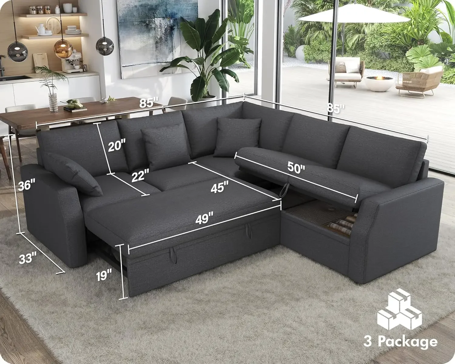 Sofa Bed, 85 Inch Sleeper Couch with Storage Seat, L Shaped Sofa with Pull Out Sofa Bed, Sectional Couches for Living