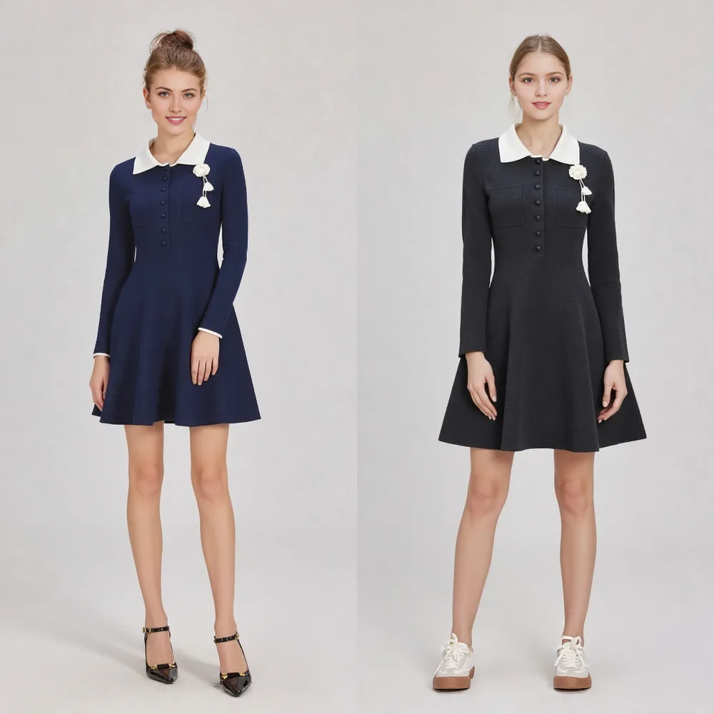 

CHUJIE 2025 Autumn Winter New Color-Block Turn-Down Collar Chest 3D Crochet Fashion Age-Reducing Slim Fit Long Sleeve Dress