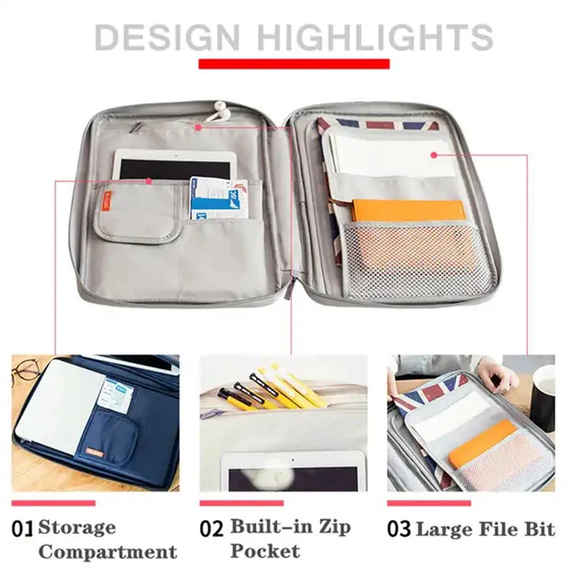 A4 Document Bags Waterproof File Document Holder TravelBags with Zipper Portfolio Organizer for Office Ipad Pen Notebooks