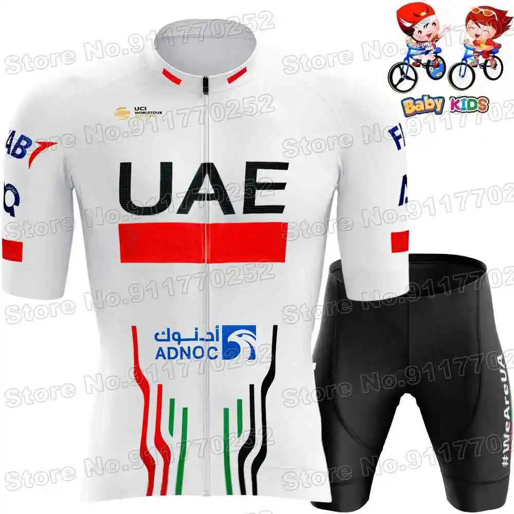 2024 UAE Team Kids Cycling Jersey Set France TDF Cycling Clothing Yellow Green White Polka Dot Road Bike Shirt Suit Bicycle Pant