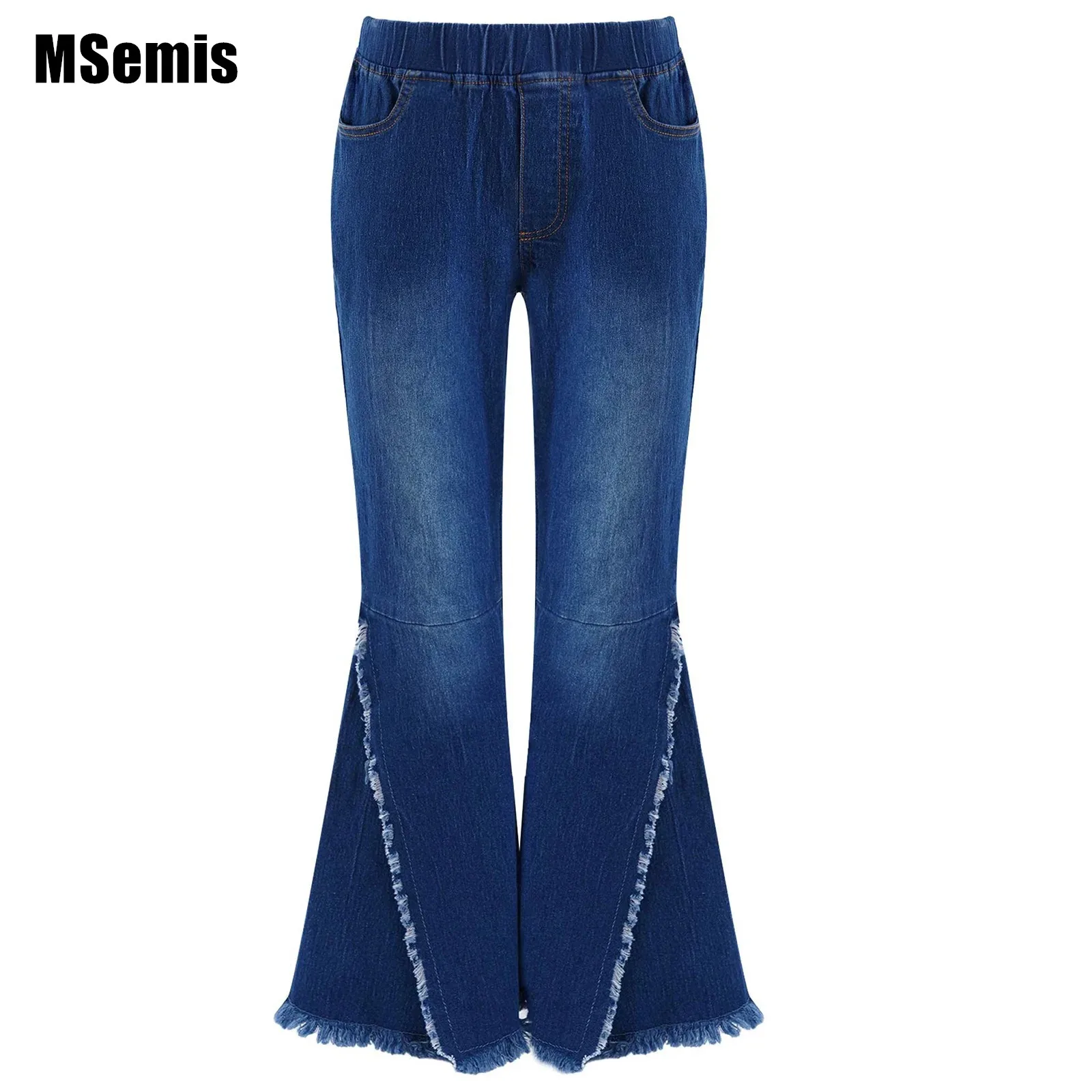 

Kids Girls Bell-bottom Hem Jeans Crisscross Ripped Wide-leg Pants Stylish Clothing Elastic Waistband Casual Wide-leg Denim Pants