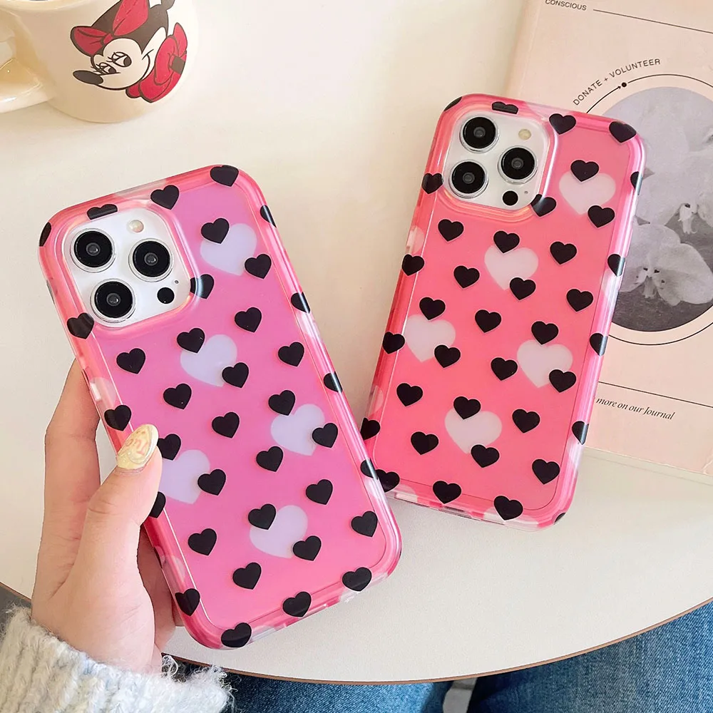 Korea Full Love Heart Lovely Girl Phone Back Case For iPhone 12 Pro Max 13 14 15 Pro Max 13Pro Cases 2 in 1 Shockproof Back Cove