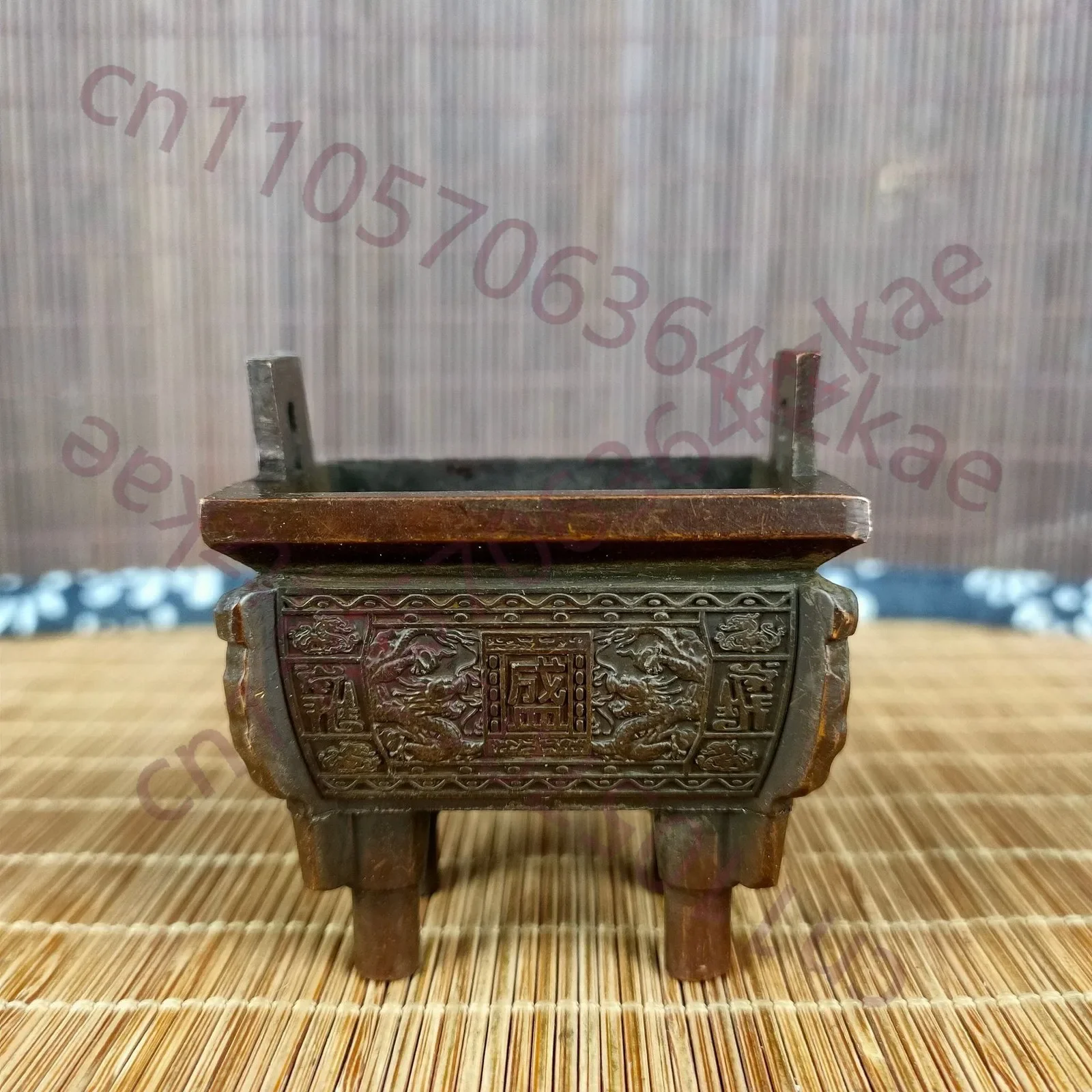 Chinese Antique Copper Double Dragon Sheng Ding Line Incense Burner