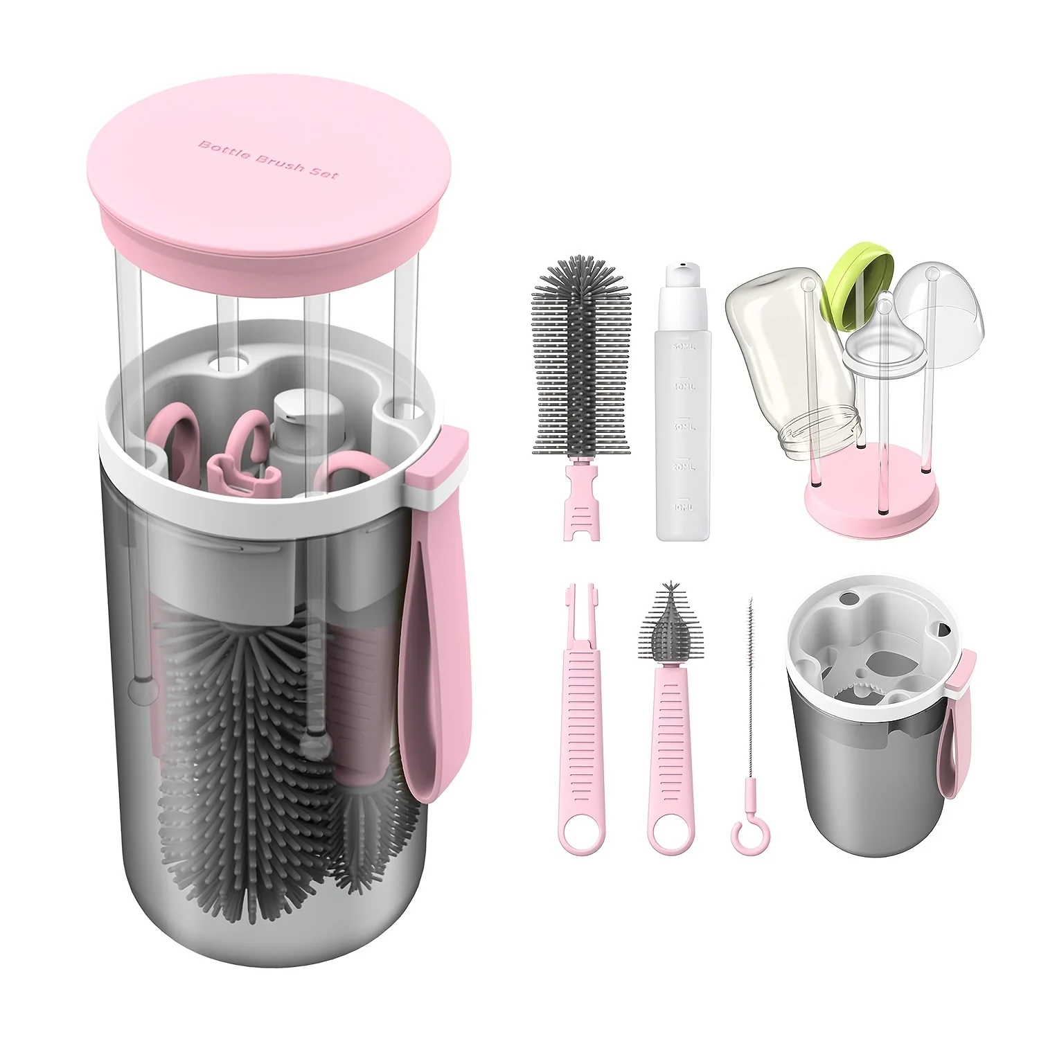 Final Travel Bottle Cleaning Kit - Scalable Silicone Brush with Nipple Cleaner, Built in Drying Rack, Straw Brush, Soap Dispense