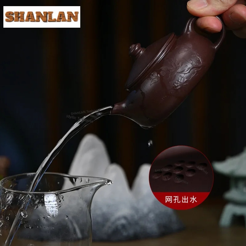 HOYIHM 150ml Traditional Yixing Purple Clay Teapots Handmade Lotus Rhyme Cold River Pot Raw Ore Mud Kettle Chinese Zisha Tea Set
