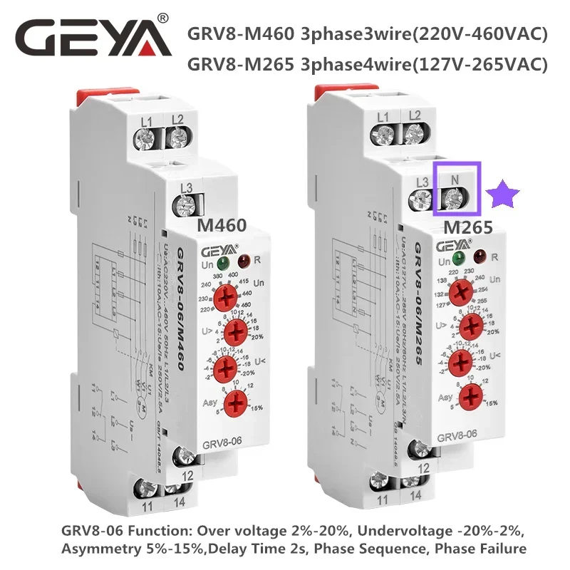 GEYA GRV8 3 Phase Voltage Protection Relay Phase Sequence Phase Failure Protection Relay 8A 10A 1SPDT 2SPDT Relay