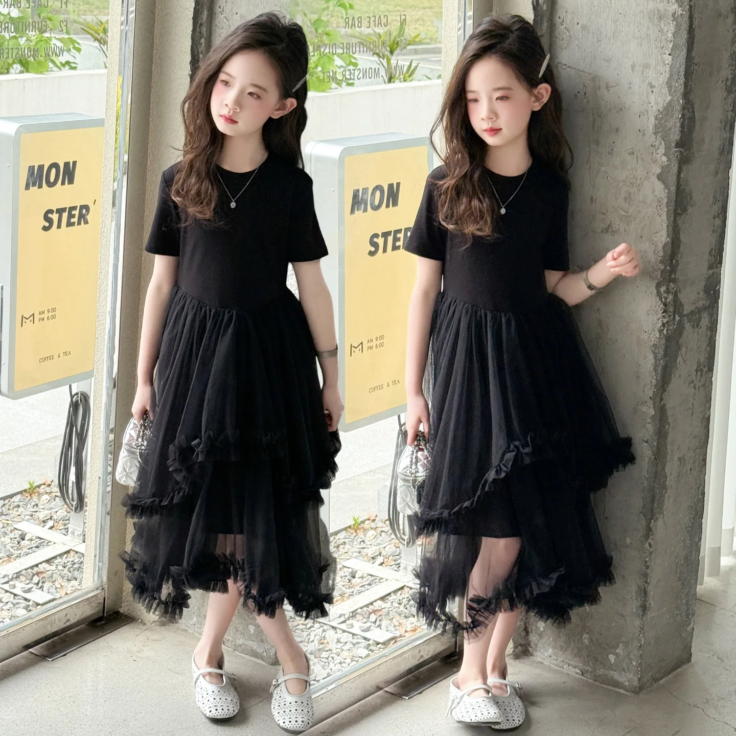 Summer black girl's mesh dress 2025 new round neck children's short sleeved t-shirt skirt with sheer patchwork party princess