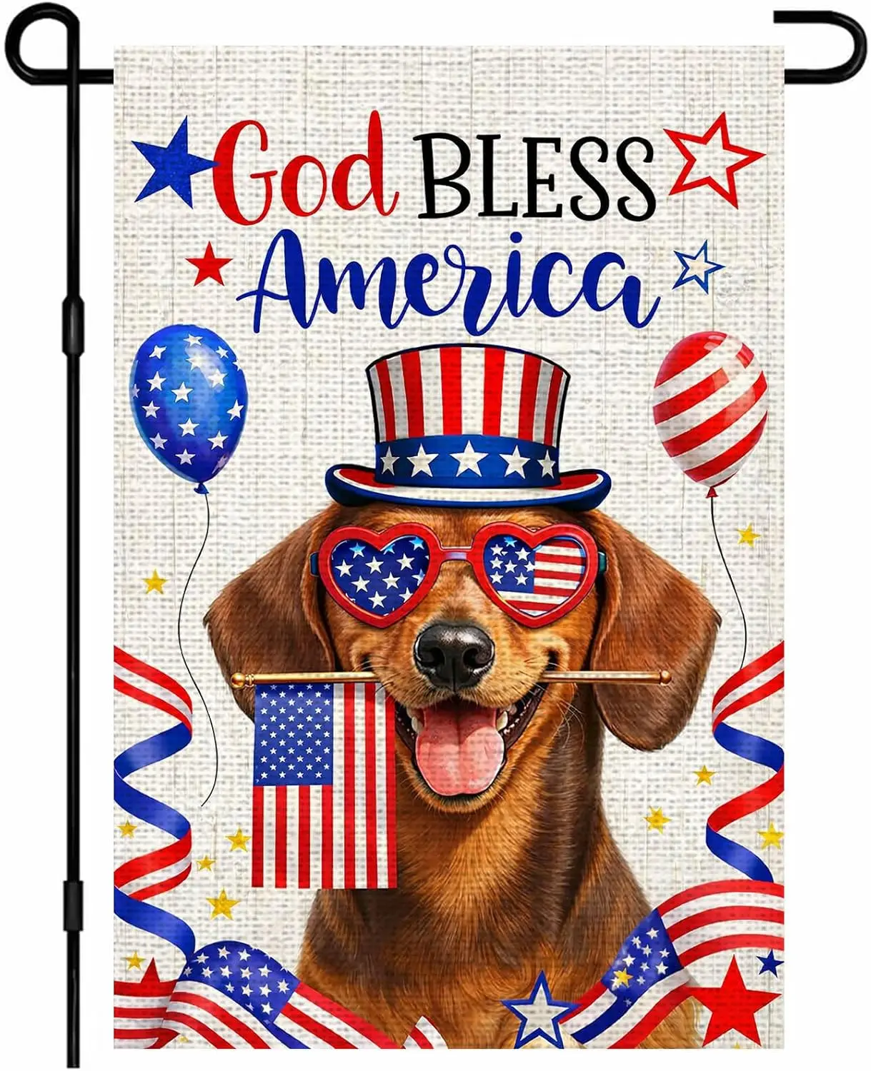 IVN Patriotic Dog God Bless America Garden Flag 12x18 Burlap God Bless America Heart Sunglasses Top Hat Holding Flag Balloon jjp