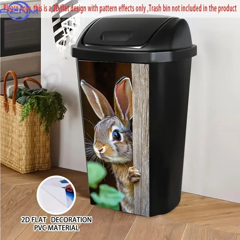 2D 1PCBunny Peeking Self-Adhesive Dustbin Stickers - Cute Rabbit Design, PVC Trash Can Decorative Stickers for Garden & Outdoo