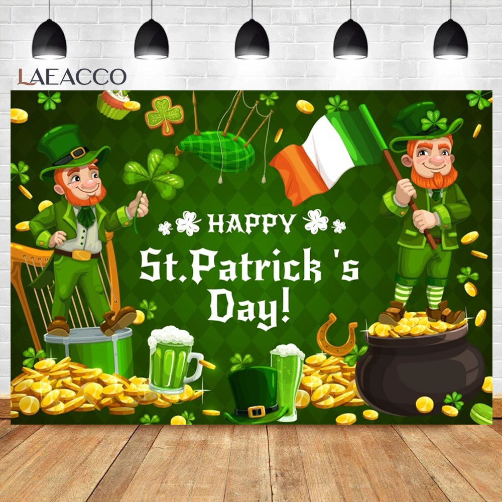 Happy St. Patrick’s Day Backdrop Photography Clover Hat Ireland Shamrocks Gold Coin Party Baby Portrait Background Photo Studio