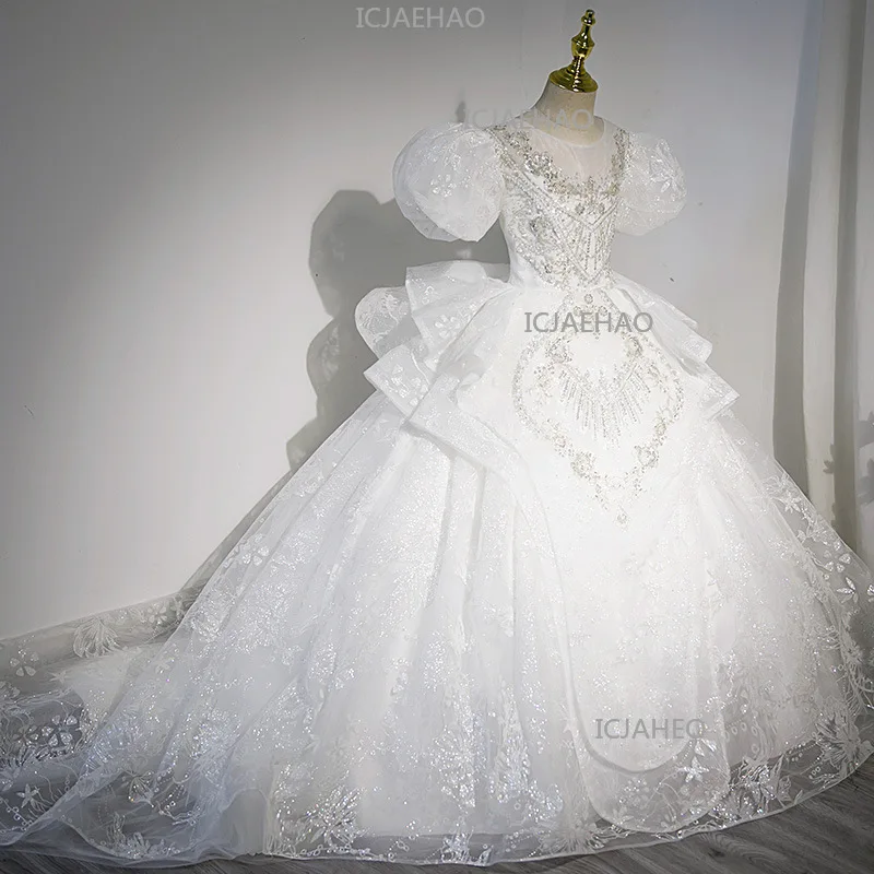 2026 Kids Girls Dress Princess Clothes Flower Girl Wedding White Children Host Piano Performance Wear Trailing Skirt Costume