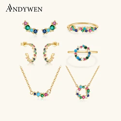 ANDYWEN 925 Sterling Silver Rainbow CZ Spring Angelique Sparkle Tutti Frutti Clips Hoop Stud Earring Ring Collar Jewelry Set