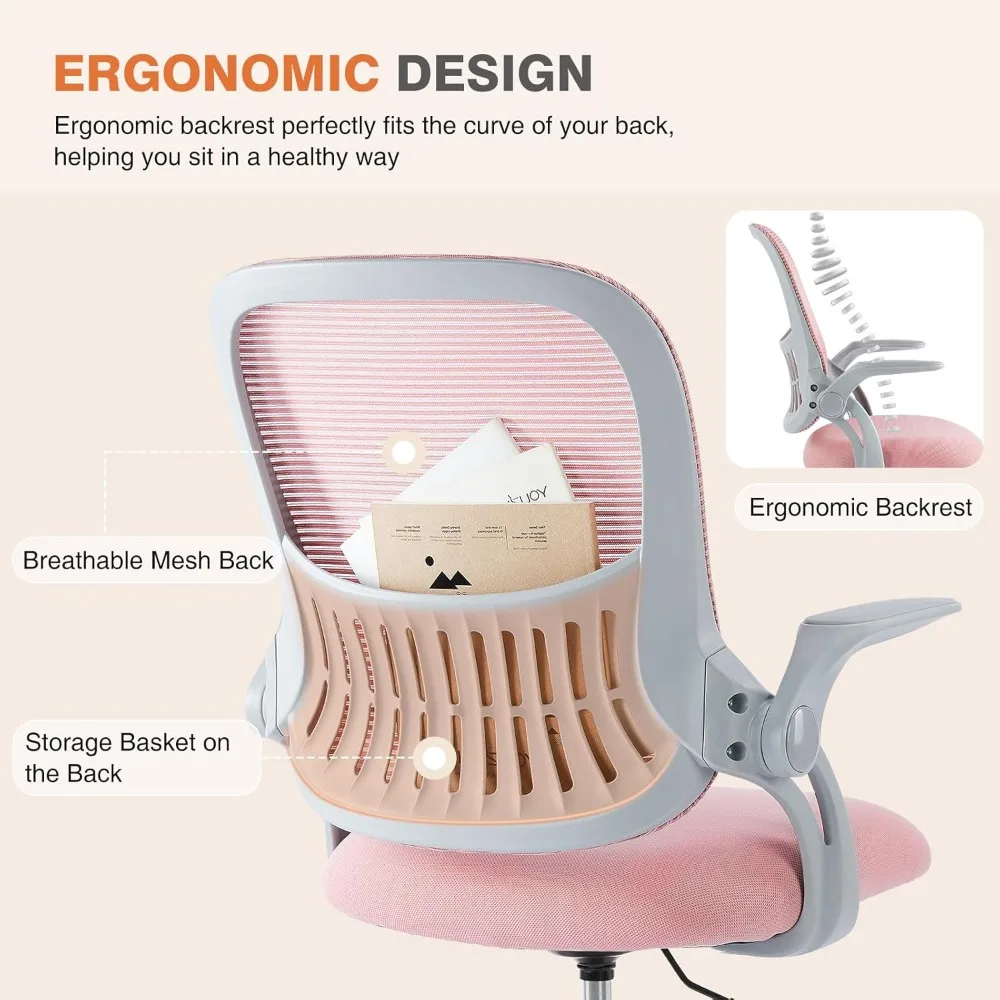 Ergonomic Mesh Office Chair with Lumbar Support, Flip-up Arms, and Smooth Rolling Wheels for Home and Study