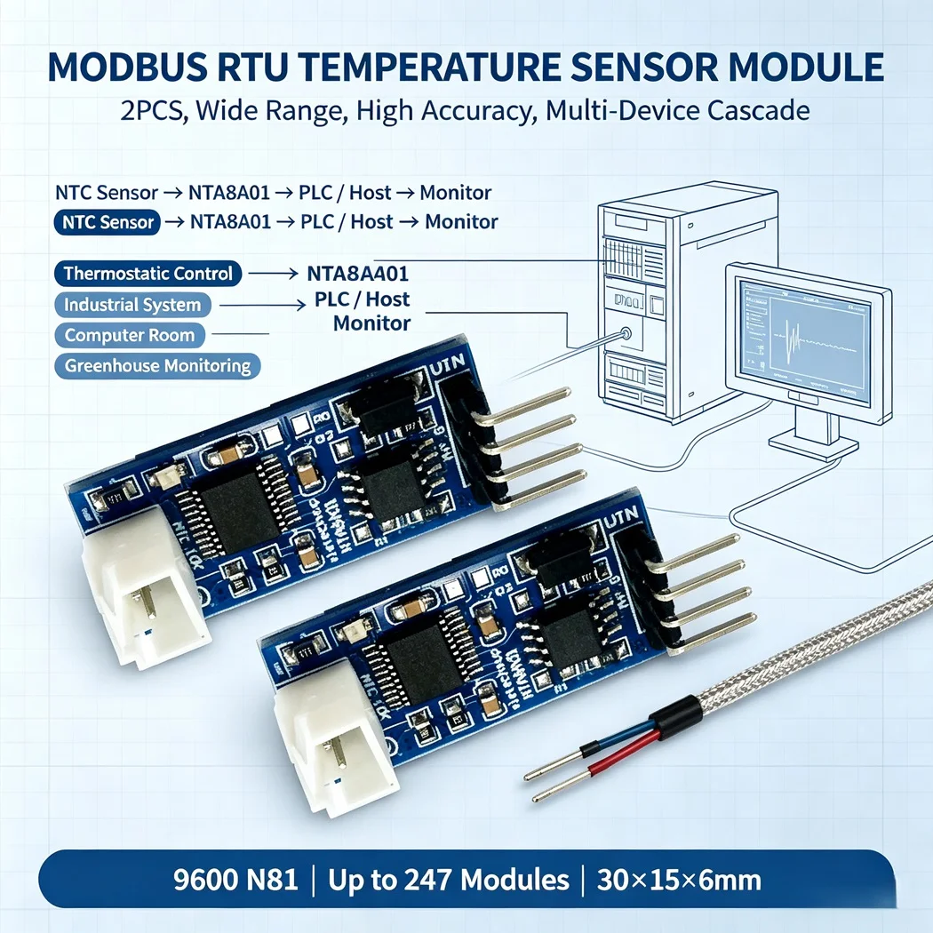 2PCS NTA8A01 Modbus RTU NTC Temperature Acquisition Module B3950 10K 1% Thermistor -20-125C 5V/12V for PLC Warehouse Greenhouse