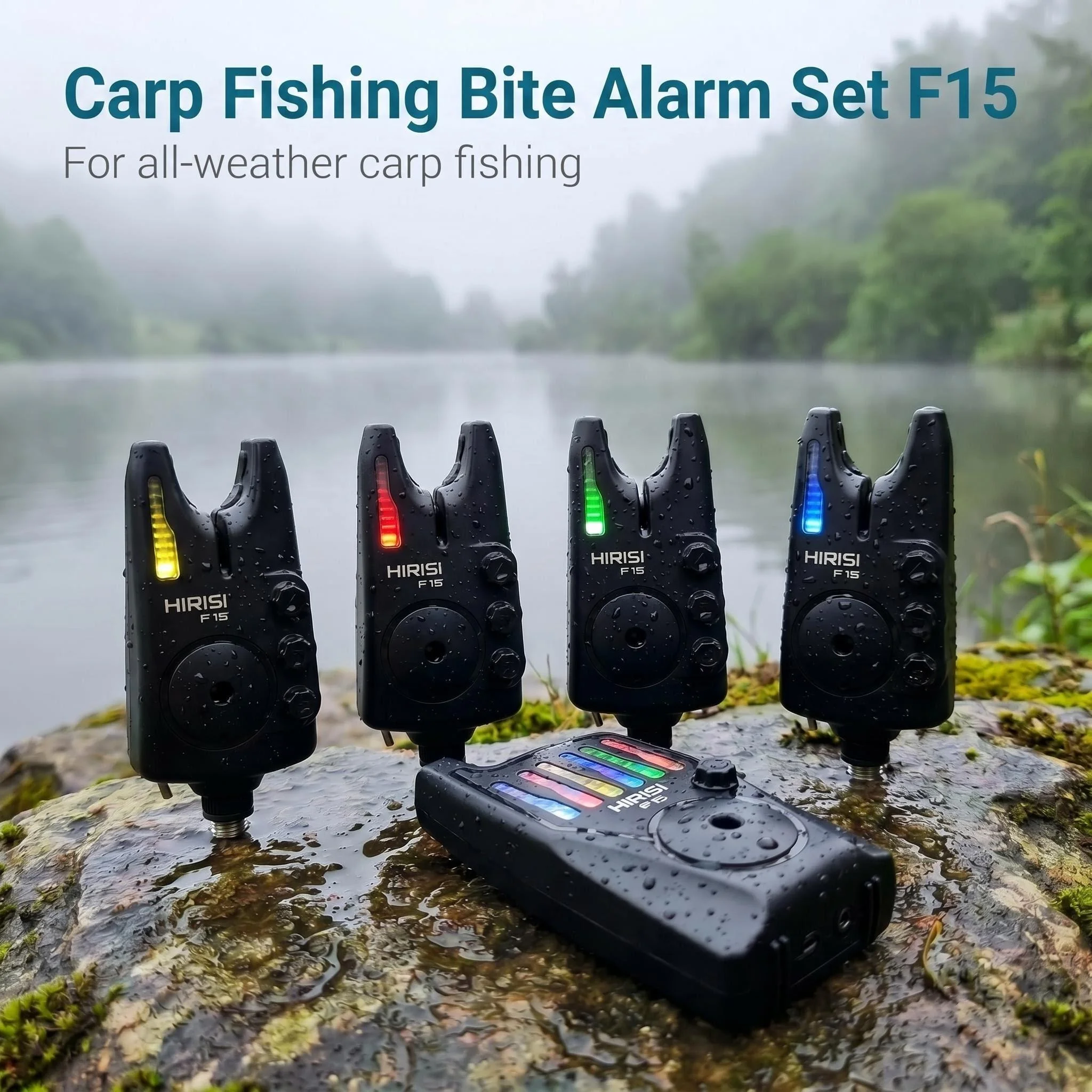 Hirisi Karpfenangel-Bissalarm-Set 4+1 Kabellos LED-Anzeige Wasserdicht Einstellbare Lautstärke Tonsensibilität für Karpfenangeln F15 – Detail 1