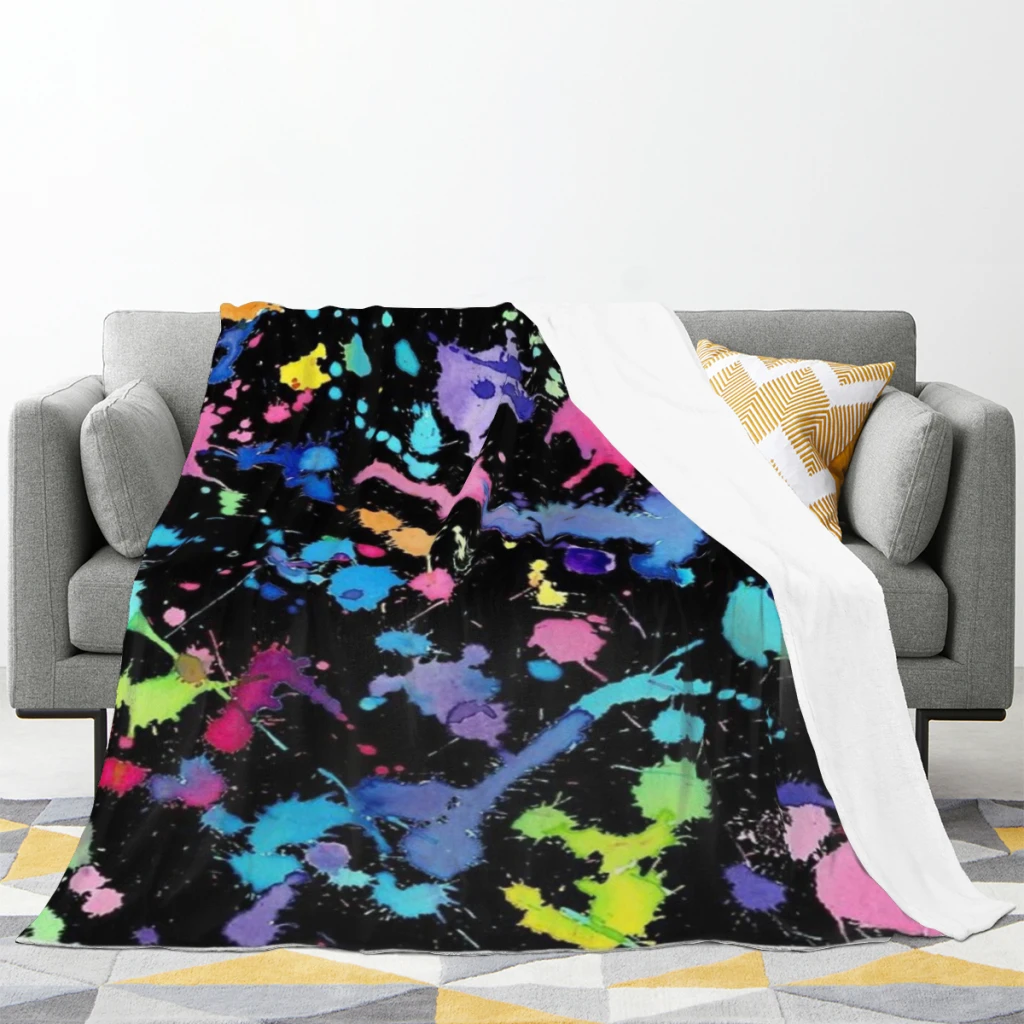 Black Background Paint Splatter Blanket Flange Textile Decor Portable Super Soft Throw Blankets for Home Office Plush Thin Quilt