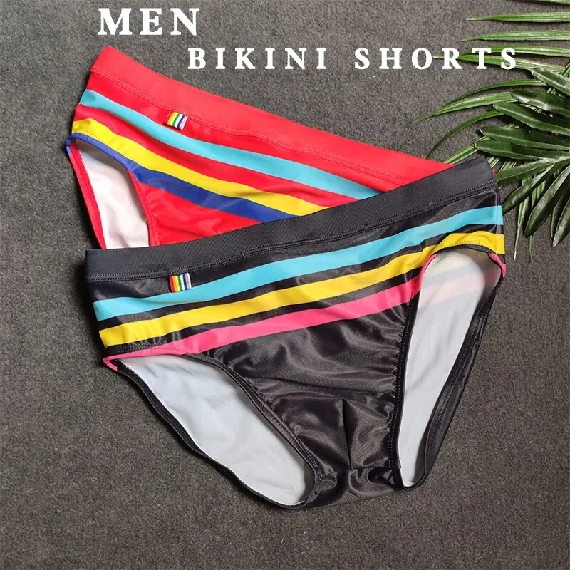 New MEN\'S Swimming Trunks, Color Stripes, Sexy Close-fitting Professional Swimming and Bodybuilding Briefs for Men