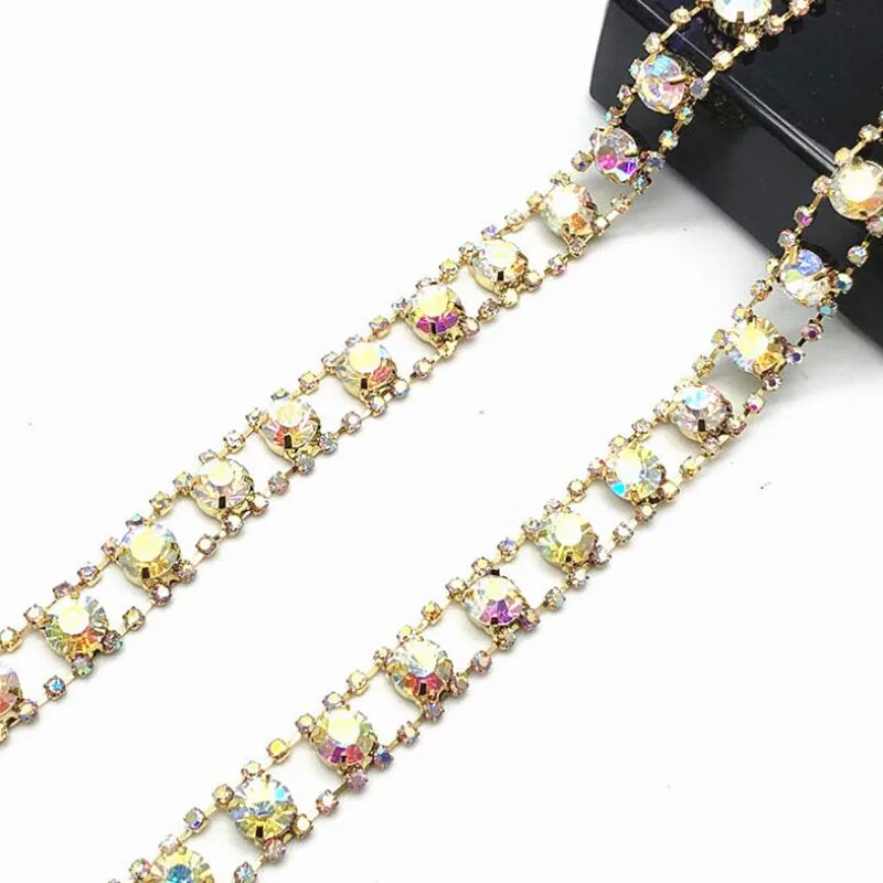 10Yards AB Rhinestone Trimming Cup Chain Crystal Trim For Dresses Decoration Gold Plating