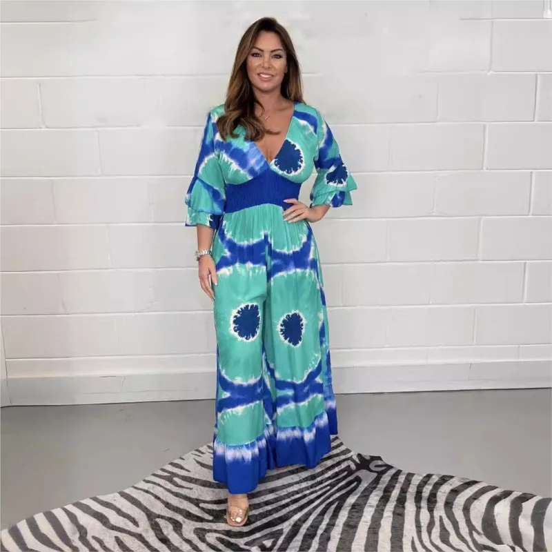 

Sexy Deep V-neck Office Lady Jumpsuit Spring Print Flare Sleeve Nippedwaist Playsuit Loose Wide Leg Pants Jumpsuits Streetwear