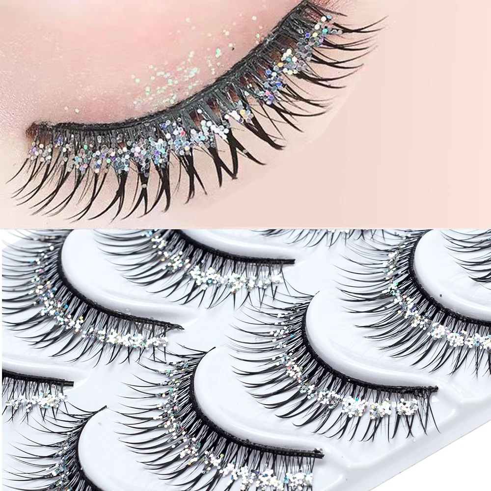 5 Pairs Makeup Stage False Eyelashes With Glitter Black Band Handmade Thick Fake Eye Lashes Beauty Performace Manga Latin Lashes