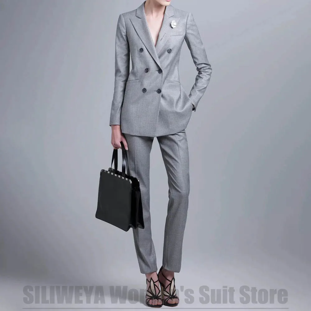 Fasion terno feminino blazer duplo breasted e calças finas conjunto elegante formal terno de escritório elegante duas peças roupa casual diária