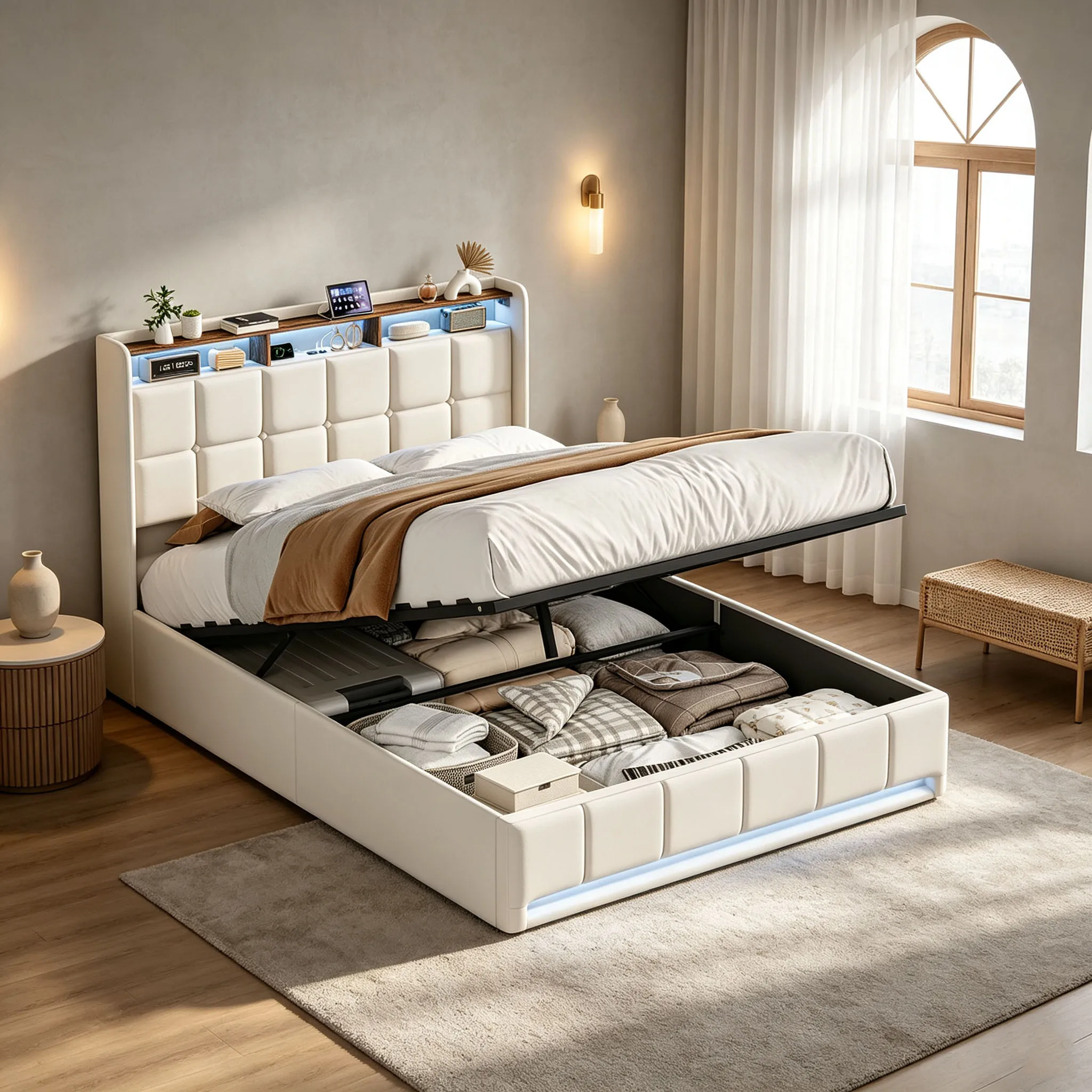 Superaly, Bett mit hydraulischem Stauraum, 140 x 190 cm, Beigefarbenes Bettgestell mit Leinenbezug und großzügigem Stauraum unter dem Bett, gepolstertes Kopfteil, Lattenrost, modernes