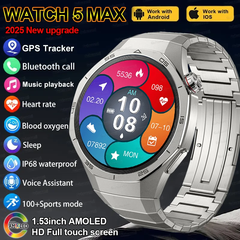 

2025Новые Смарт-часы для мужчин, уличный GPS, спортивный трекер, компас, индивидуальный циферблат, звонок для здоровья, NFC, умные часы, 1,53 дюйма, часы для Android iOS