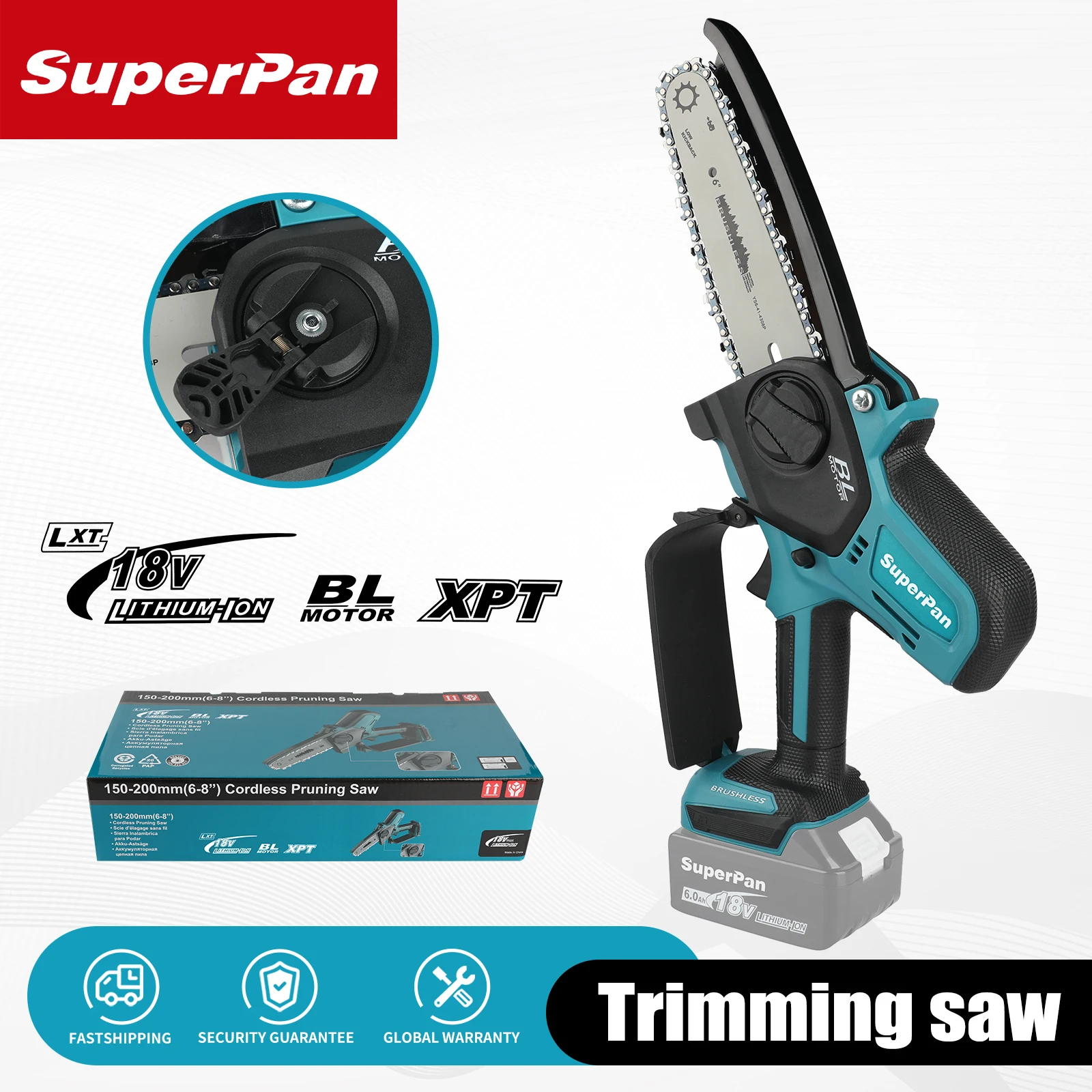 

Cordless chainsaw for garden tree pruning, brushless motor, 6-inch cordless pruning saw for Makita 18v Battery Pins