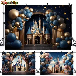 Mocsicka Children Background Blue and Golden Castle Balloons Baby 1st Birthday Party Decor Backdrop Cake Smash Photography Props