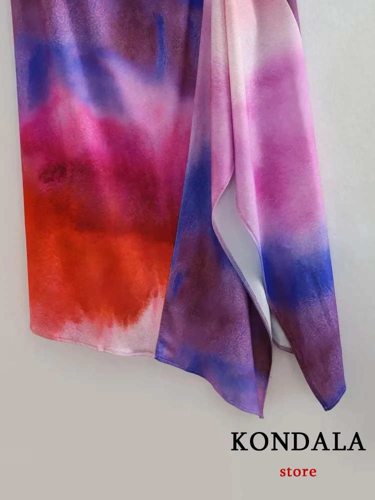 KONDALA Chic Sexy Tie Dye Pleated Long Cami Women Split Dress Fashion 2023 Summer Holiday Vintage Hot Sweet Sleeveless Vestido