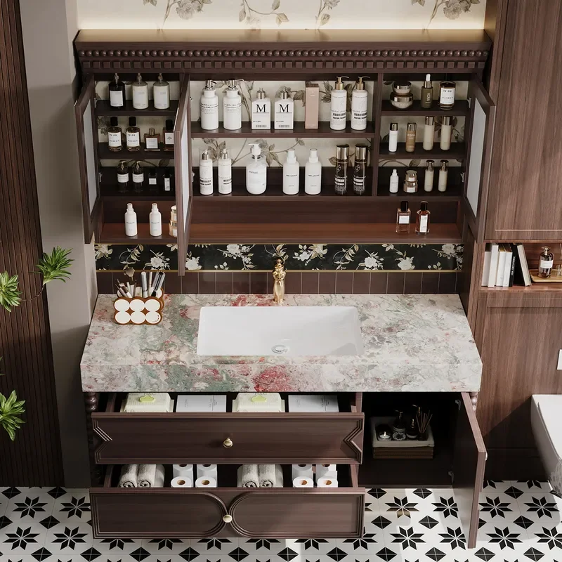 for French Style Bathroom Cabinet Combination Vanity with Rock Slab Seamless Basin and Toilet Hand Wash Station 2026 New