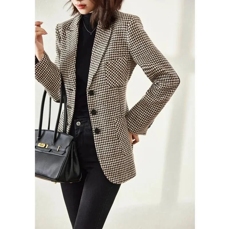 2024 Spring New Thousand-Bird Lattice Small Suit Jacket Women\'s Medium Length Slim Temperament Plaid Suit Everything Up Top XZ08