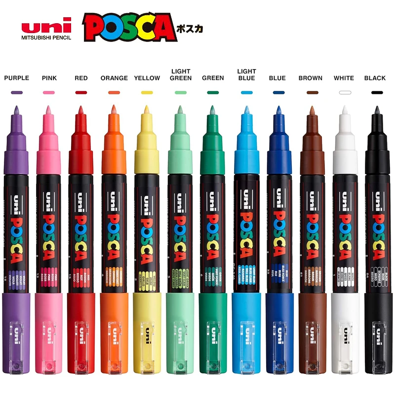 UNI POSCA Marker Pen 12 Color Acrylic Plumones Rotuladores PC-1M 3M 5M POP Poster Pen Fabric Paint Markers Art Painting DIY 1PC