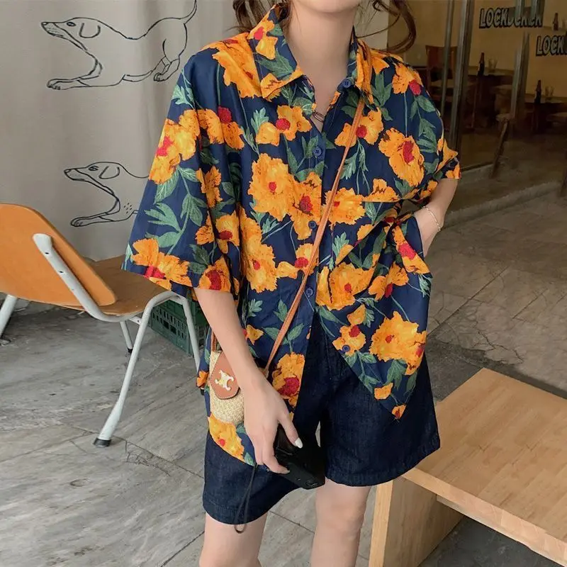 Hawaiian Thai Seaside Vacation Shirt Summer Casual Port Style Retro Loose Short Sleeve Top Bright Colors Popularity Floral Trend