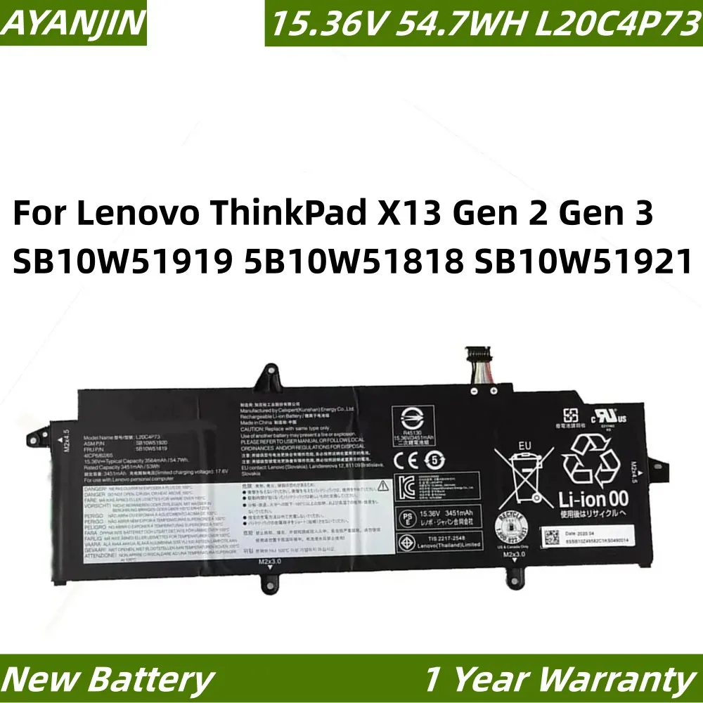 15.36V 54.7WH L20M4P73 L20D4P73 L20C4P73 Laptop Battery For Lenovo ThinkPad X13 Gen 2 Gen 3 SB10W51919 5B10W51818 SB10W51921