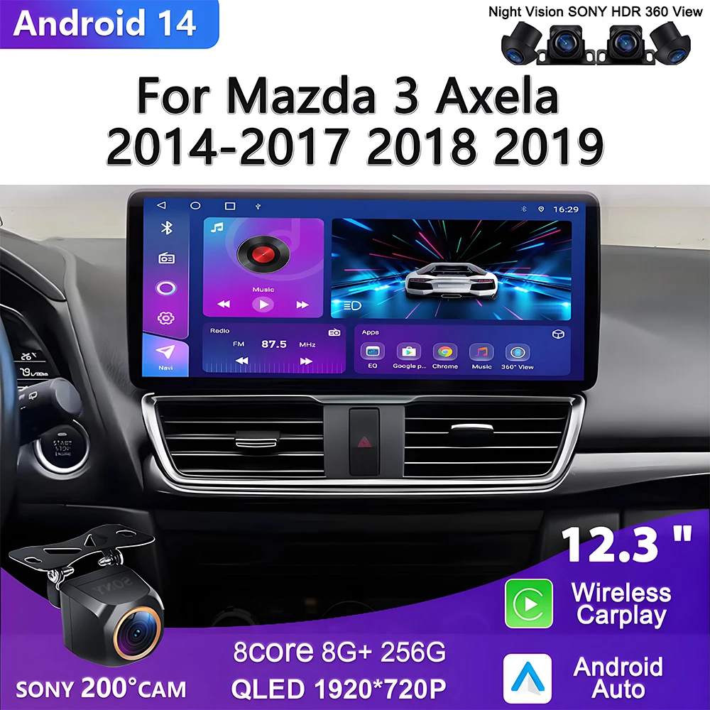 

12.3 inch Android 14 Car For Mazda 3 Axela 2014-2017 2018 2019 Multimedia Head Unit Navigation Auto Radio Player Car Stereo DVD