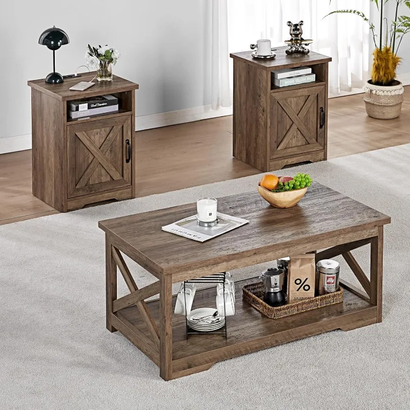 3-Piece Farmhouse Table Set Includes Coffee Table& Two End Tables, Side Table with Charging Station and USB Ports, for Living