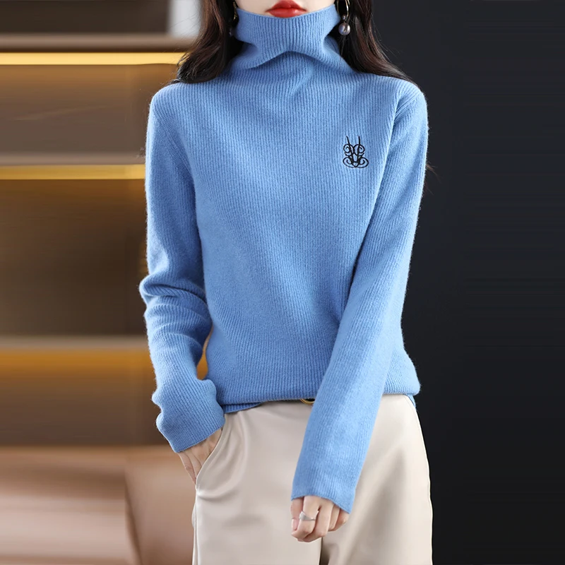 2023 Autumn/Winter New Cashmere Sweater Women's High Neck Pullover 100% Wool Loose Embroidered Jacquard Top Fashion Korean Editi