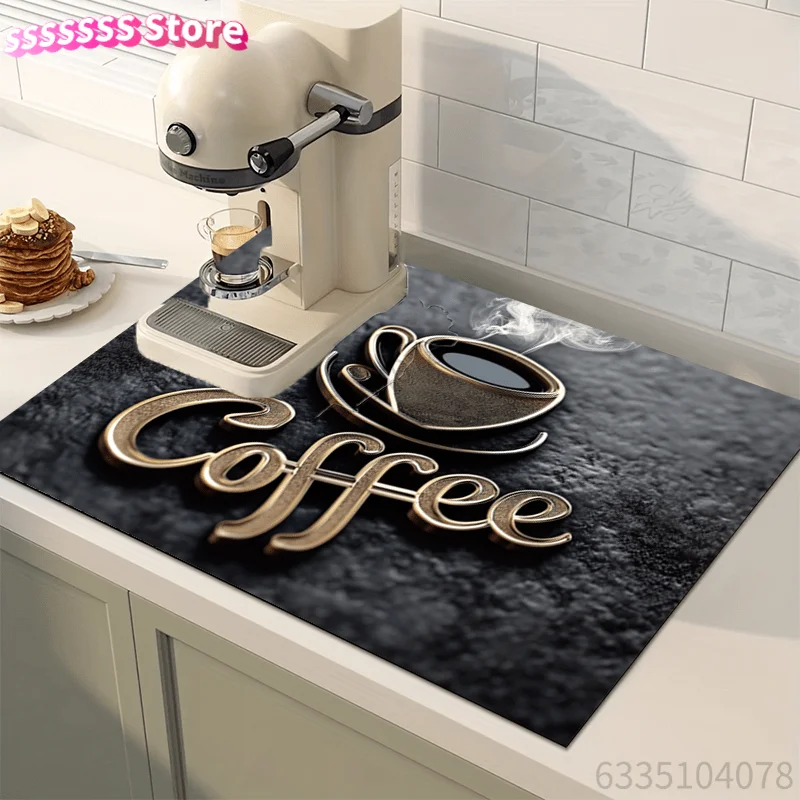 Coffee-Themed Non-Slip Kitchen Drying Mat - Soft Absorbent Quick-Dry Polyester with Stain-Hiding, Rubber Backing for Dishes, Co