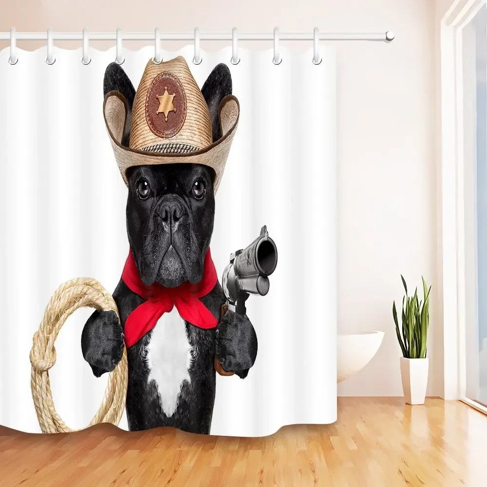 Funny Western Dog Sheriff Shower Curtain Cool Pug Red Neck Scarf Gun Lasso Cowboy Hat Bath Curtain